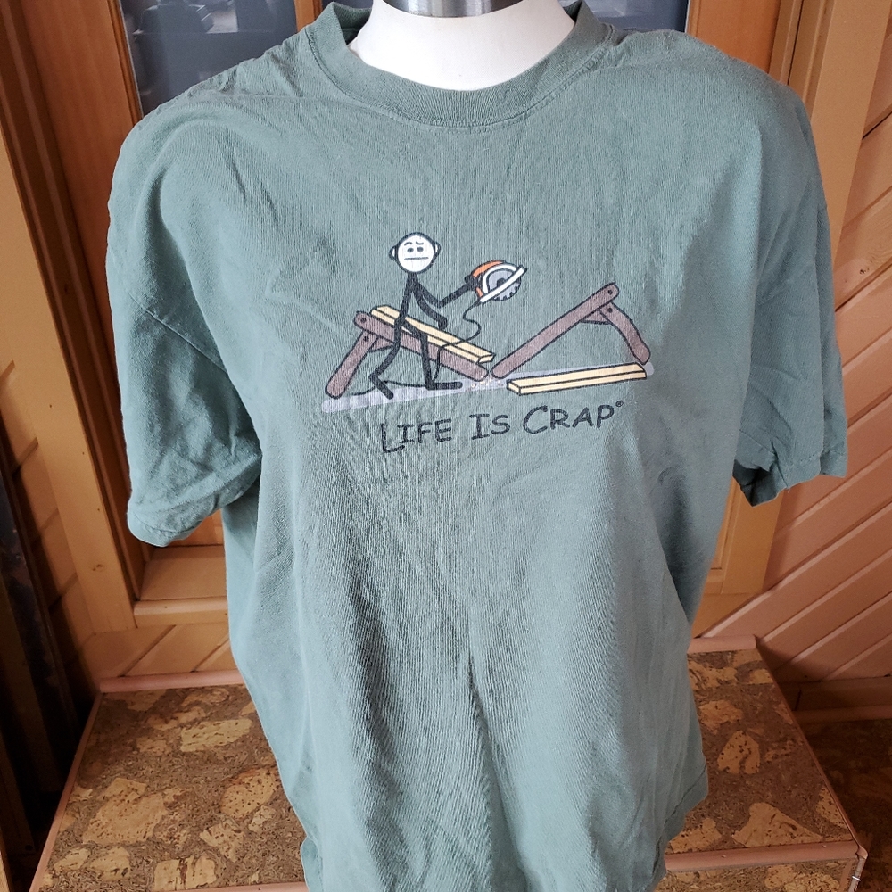 Vintage Life Is Crap T-Shirt XL Green Circular Saw Gone Crazy Great for Handyman